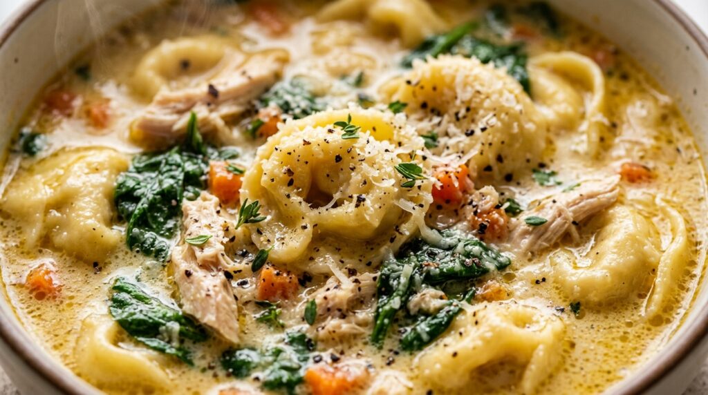 Ultra close-up macro creamy chicken tortellini soup with shredded chicken spinach and parmesan