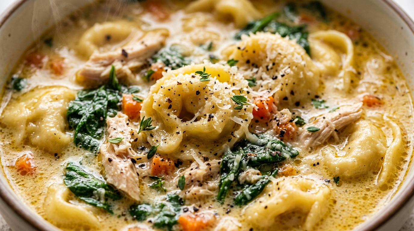 Ultra close-up macro creamy chicken tortellini soup with shredded chicken spinach and parmesan